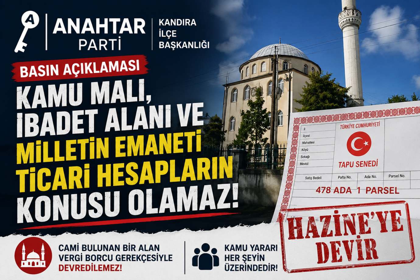 Anahtar Parti'den Cami Bulunan Parselin Hazine'ye Devri Gündemine Tepki